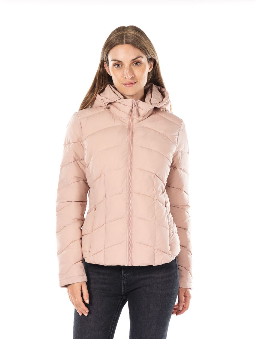 Chaqueta Rosa Acolchada Con Gorro Para Mujer