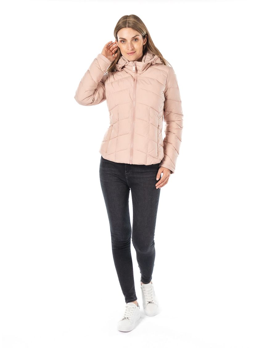 Chaqueta Rosa Acolchada Con Gorro Para Mujer