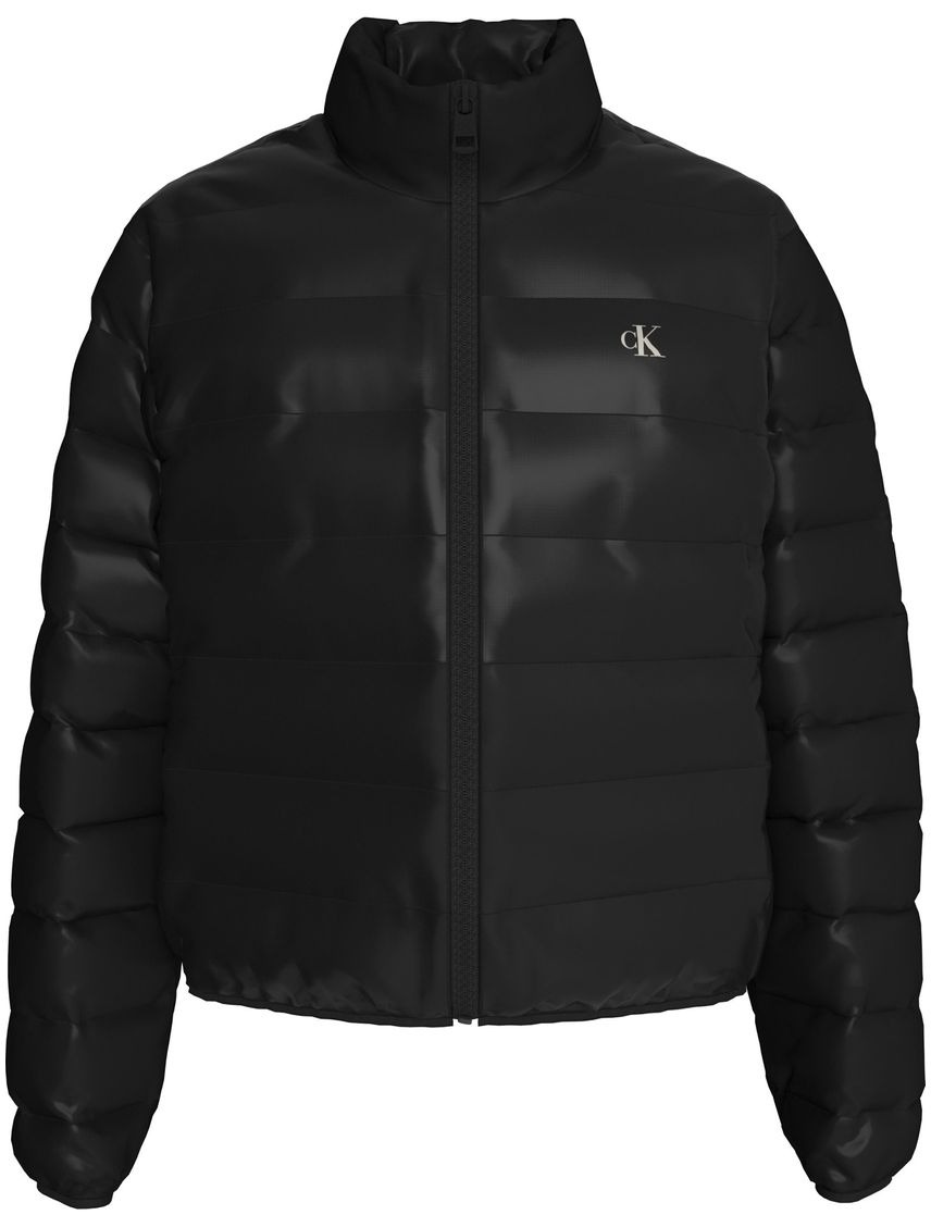 Chaqueta negra acolchada de plumón con brillo ultraligero