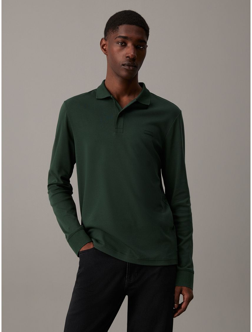 Polo Verde Slim De Manga Larga Para Hombre