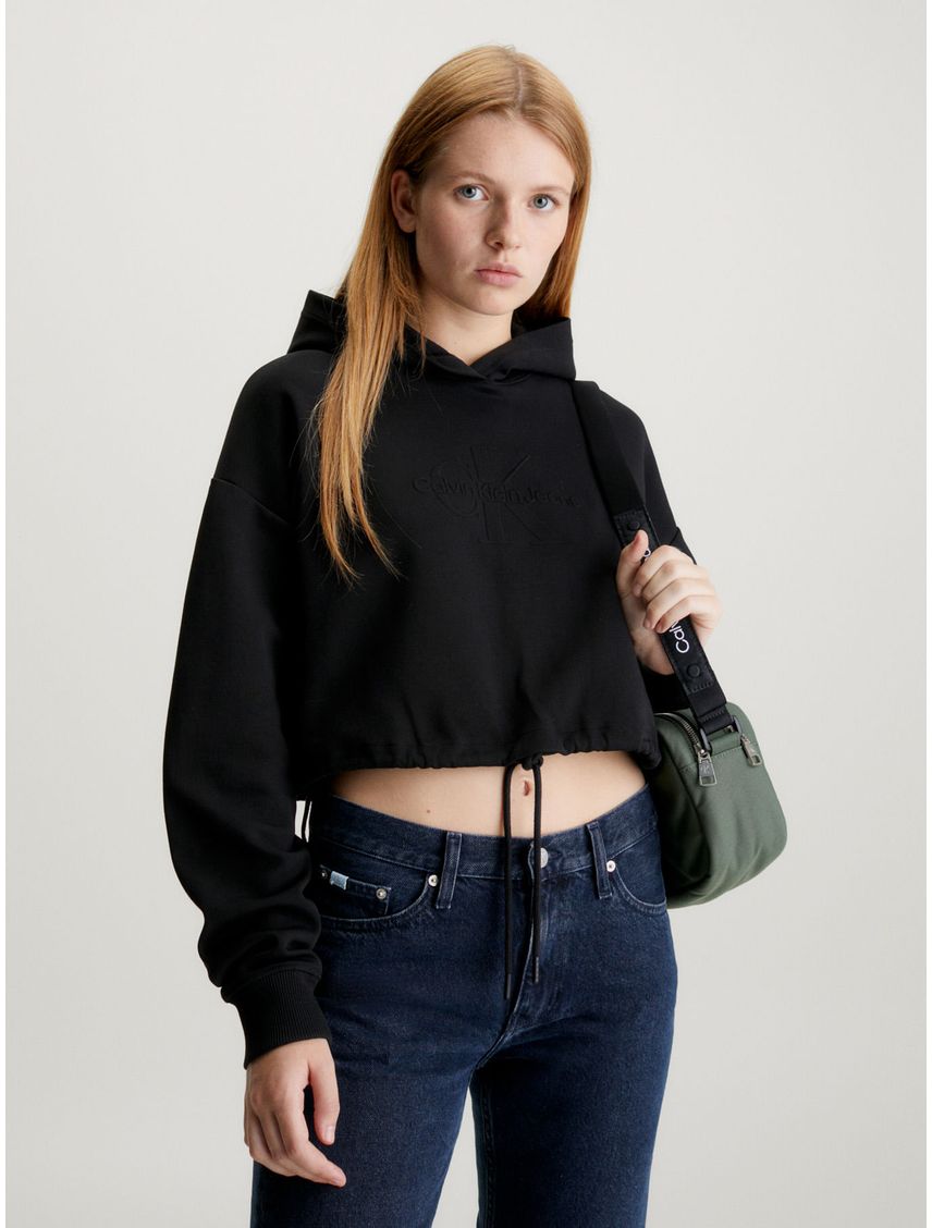 Buzo Negro Cropped Con Logo En Relieve Para Mujer