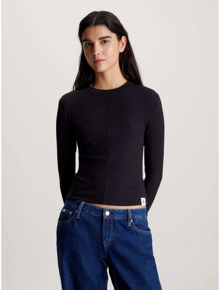 Camiseta negra de manga larga slim de canalé