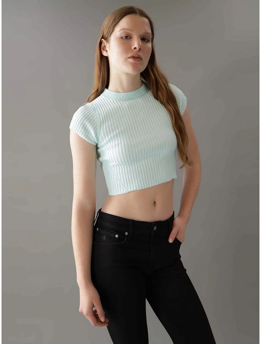 Camiseta Verde Cropped Manga Corta Para Mujer