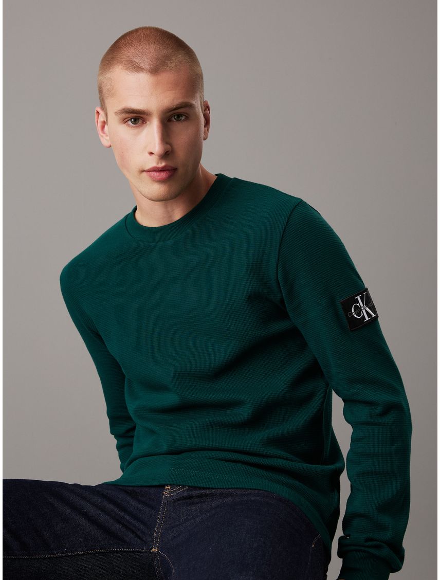 Camiseta verde slim de manga larga de punto gofrado