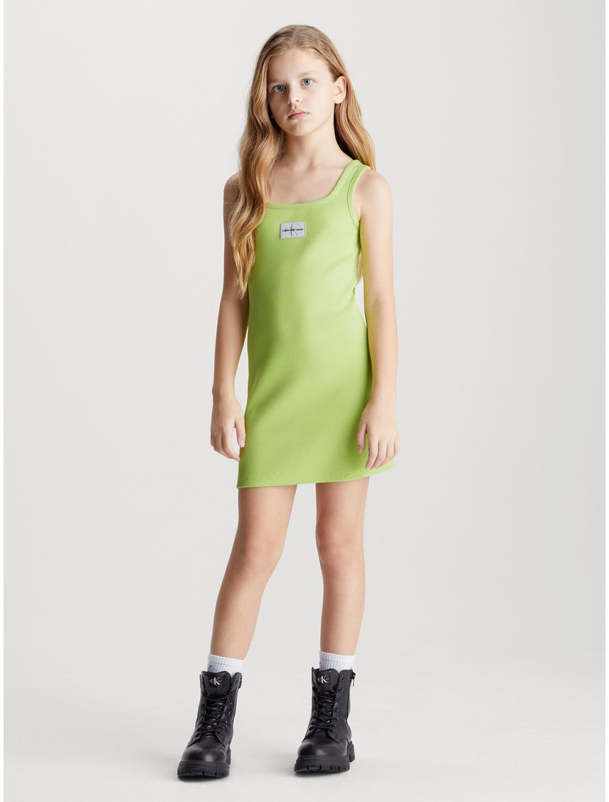 Vestido verde de tirantes de canalé de algodón para niña