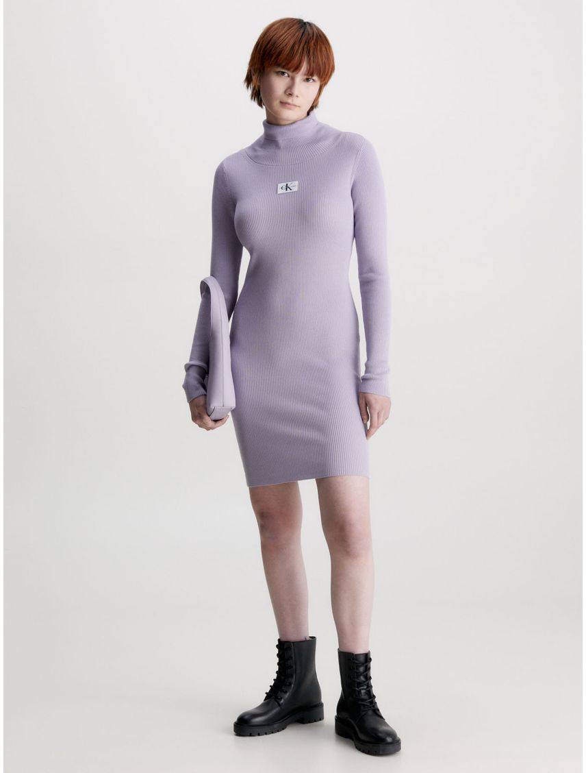 Vestido Morado De Punto Slim Con Cuello Tortuga