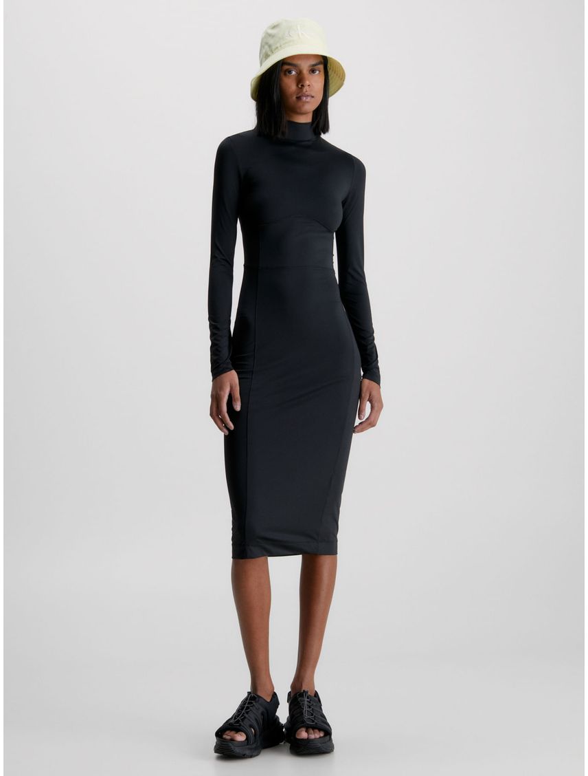 Vestido Negro Midi Slim De Manga Larga Elástico