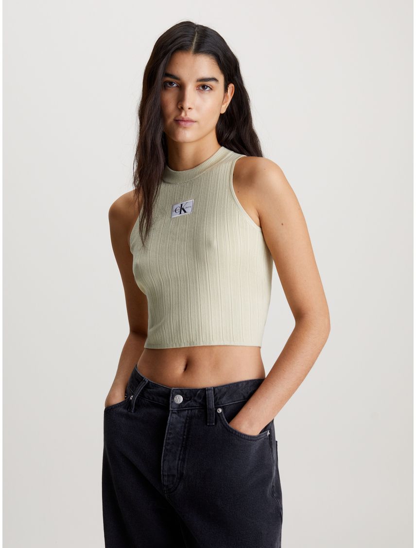 Camiseta Verde Top Cropped Lyocell Canalé Suave