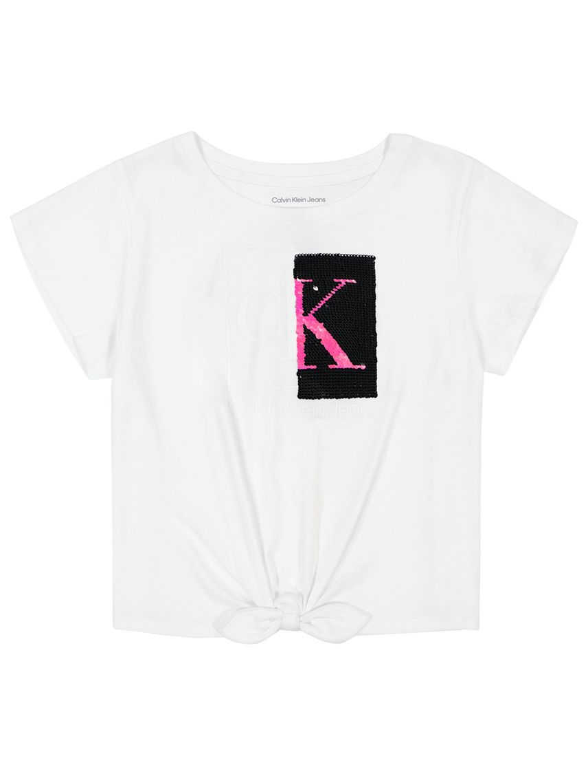 Camiseta blanca con lentejuelas y etalle e lazo para niña