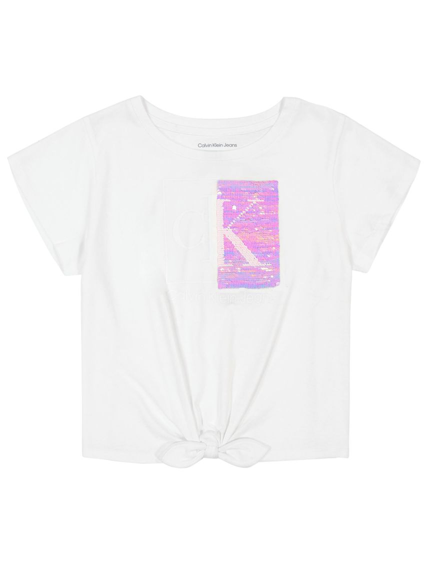Camiseta blanca con lentejuelas y etalle e lazo para niña