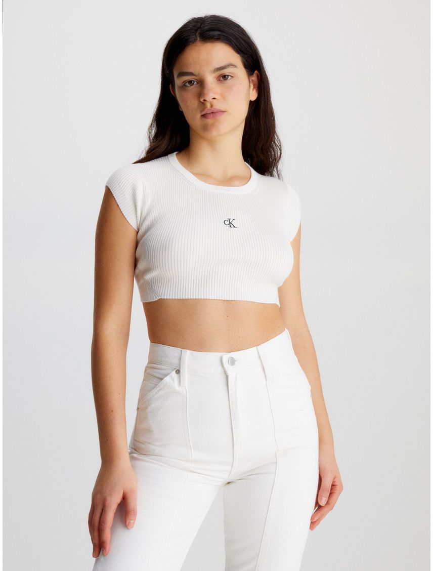 Crop Top Blanco De Punto Cropped Con Espalda Abierta