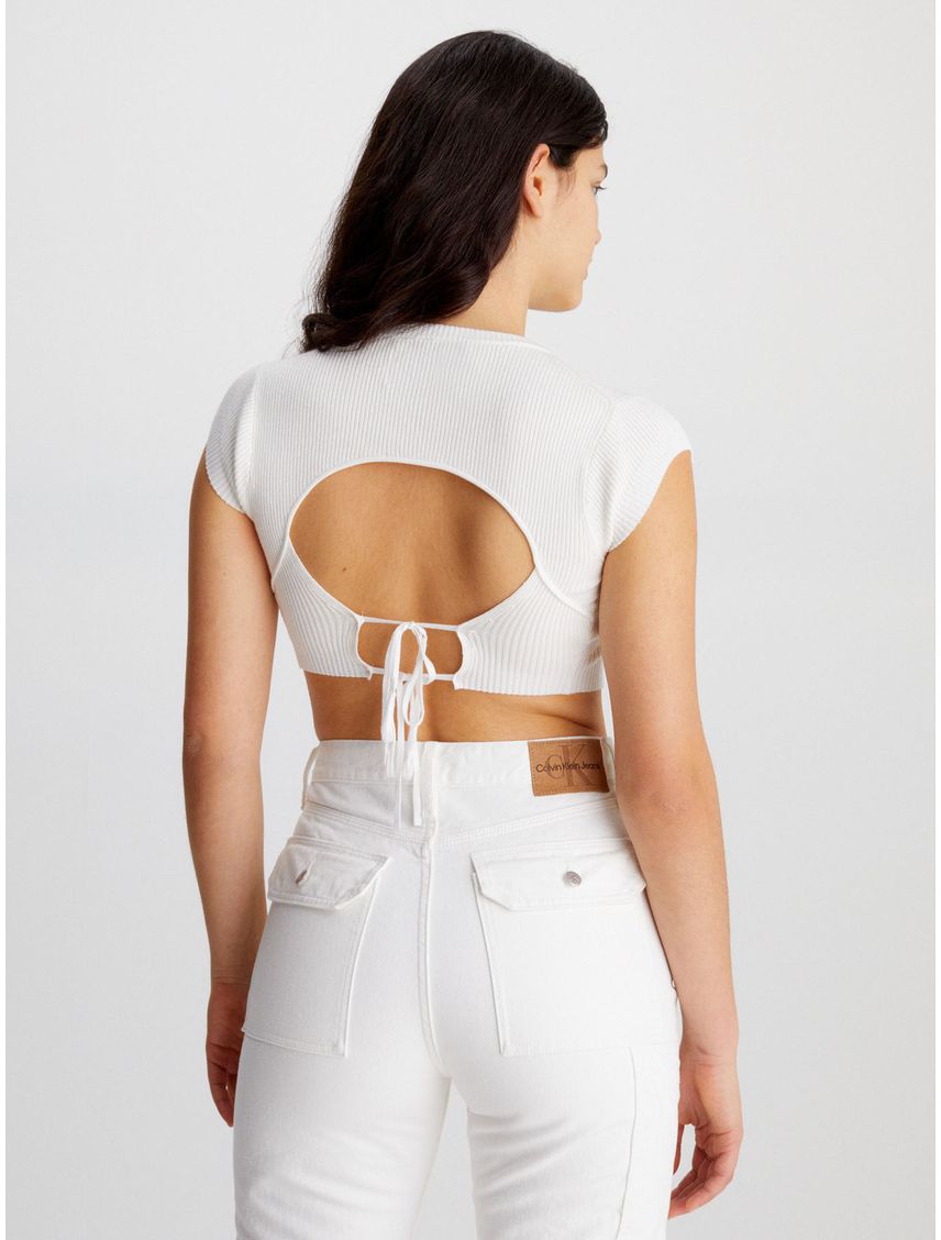 Crop Top Blanco De Punto Cropped Con Espalda Abierta