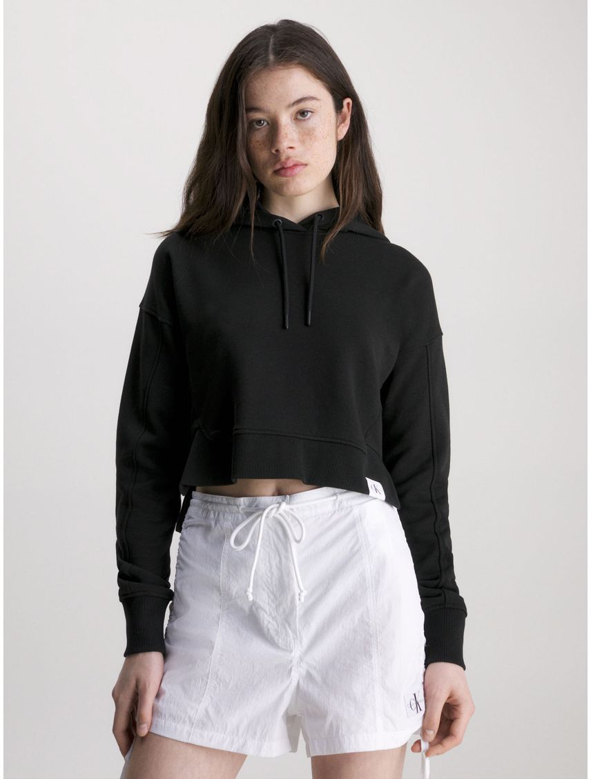 Buzo Negro Con Gorro Cropped Holgada Para Mujer