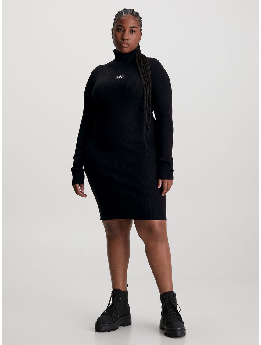 Vestido Negro De Punto Slim De Cuello Tortuga Para Mujer