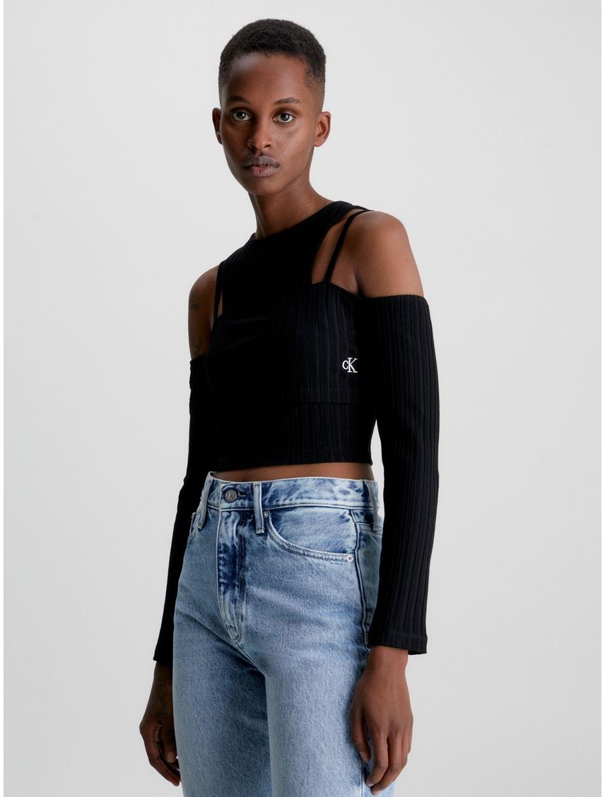 Top Recortado De Doble Capa Negro Calvin Klein Muj