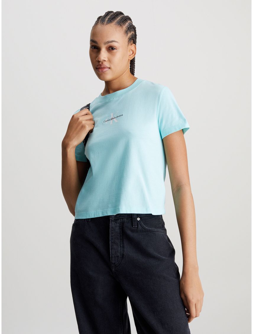 Camiseta Celeste Cropped Con Monologo Para Mujer
