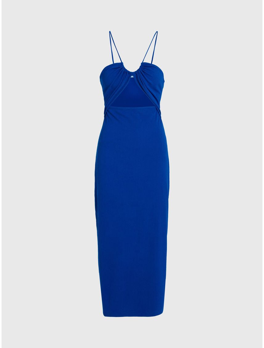 Vestido azul midi recortado con detalle de lazo
