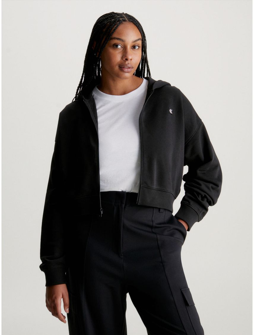 Buzo Negro Cropped Con Gorro Y Cierre