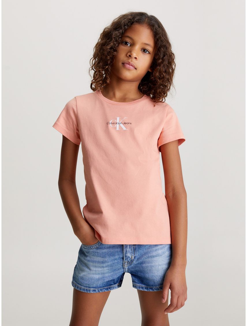 Camiseta rosada slim con monograma para niña