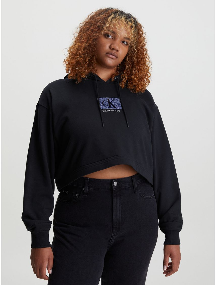 Buzo Negro Con Gorro Cropped Oversized Logo Para Mujer