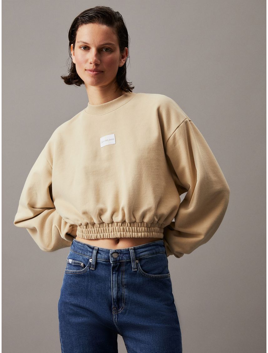 Saco beige cropped de felpa de algodón