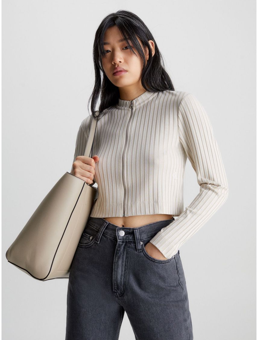 Saco Beige De Canalé Con Cierre Para Mujer