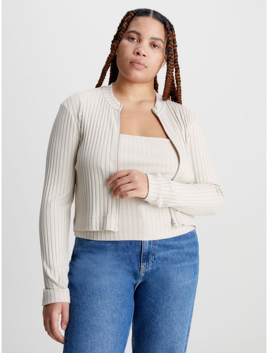Saco Beige De Canalé Con Cierre Para Mujer