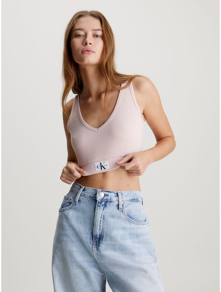 Cropped Top Slim De Canalé Algodón