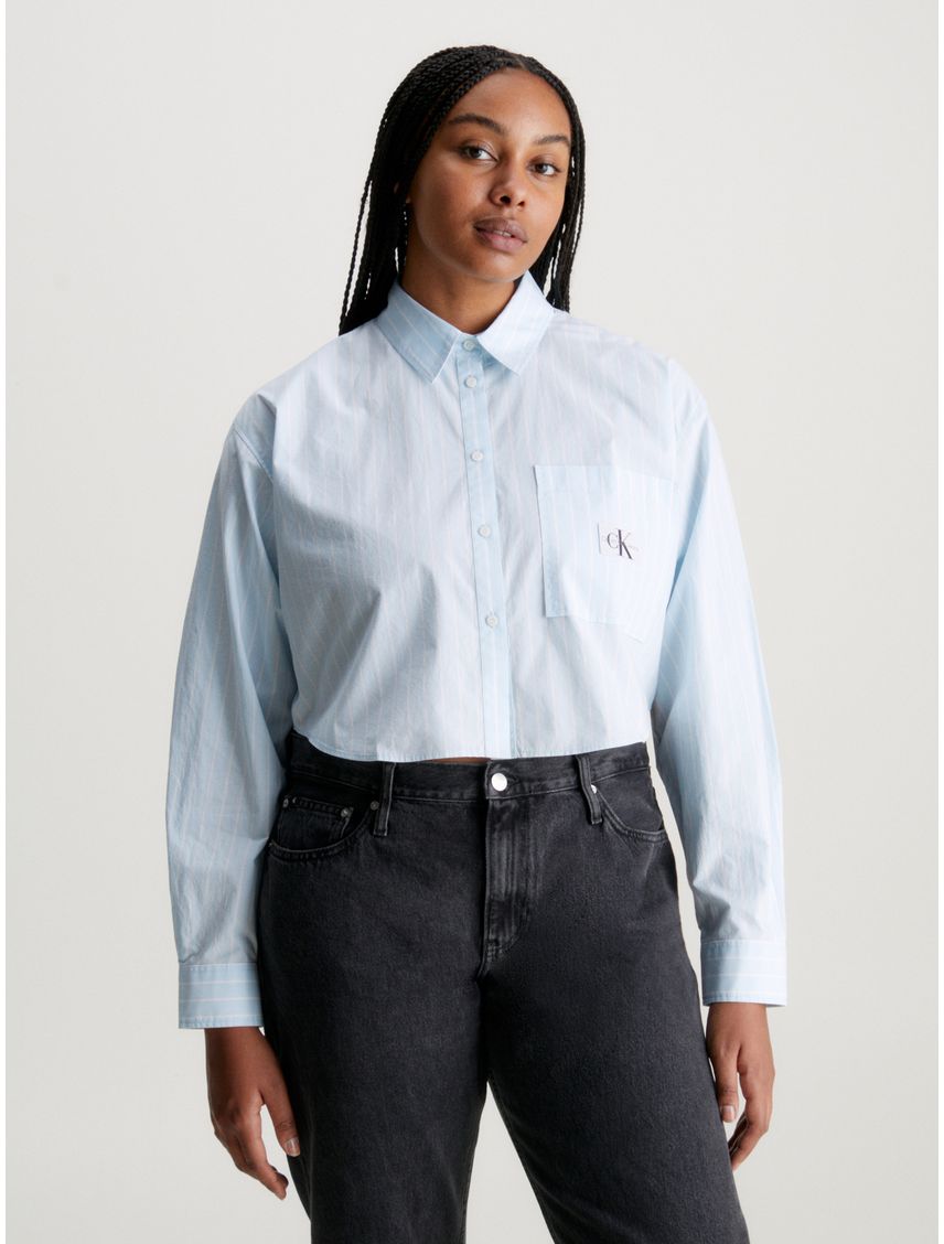 Camisa celeste cropped de popelín de algodón