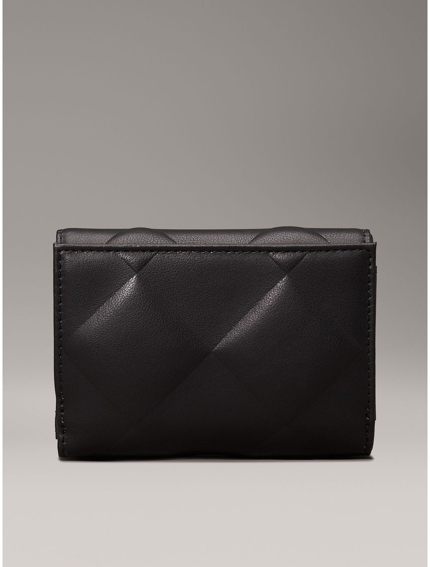 Billetera negra pequeña acolchada de plegado triple con RFID