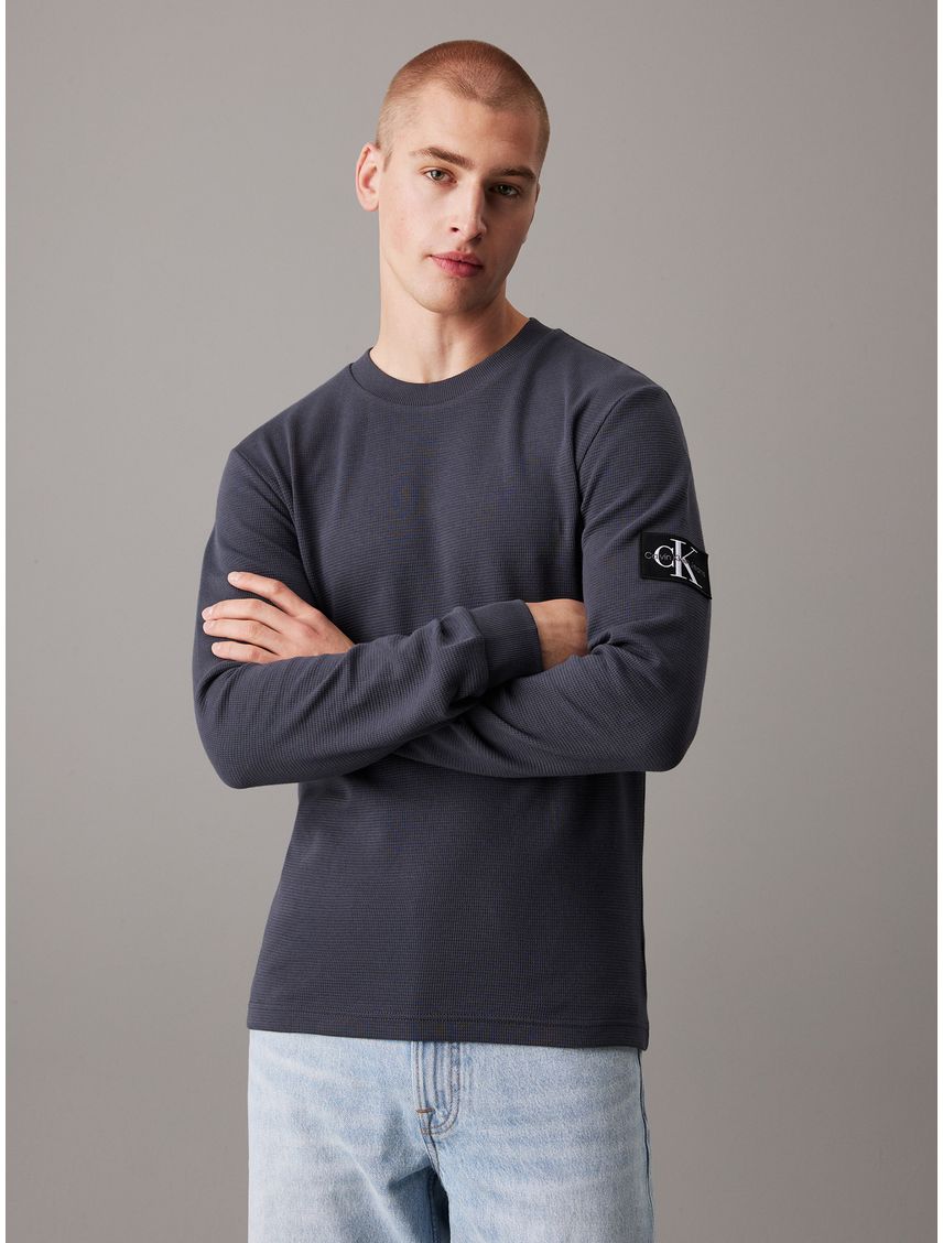 Camiseta negra slim de manga larga de punto gofrado