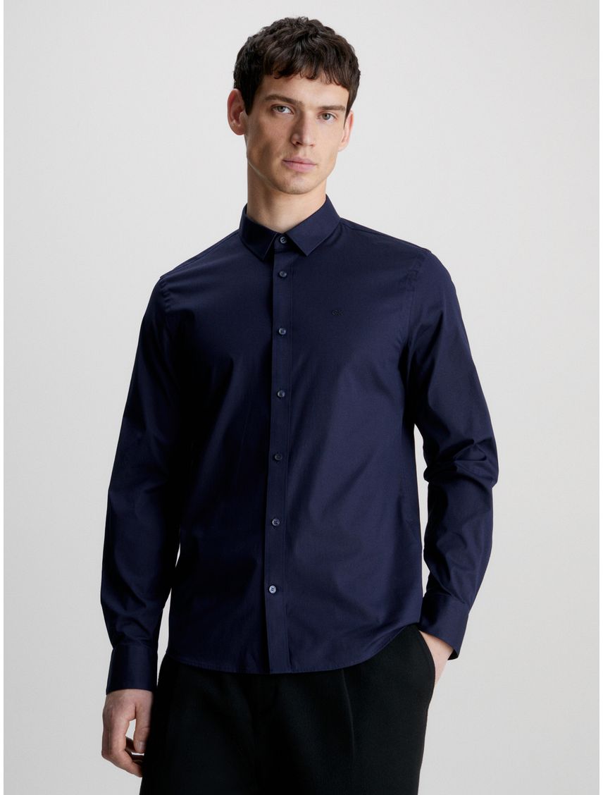 Camisa Azul Slim De Popelín Elástico Para Hombre