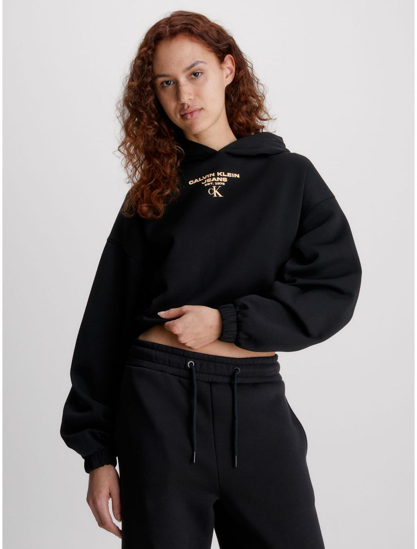 Buzo Negro Cropped Con Gorro Y Logo Para Mujer