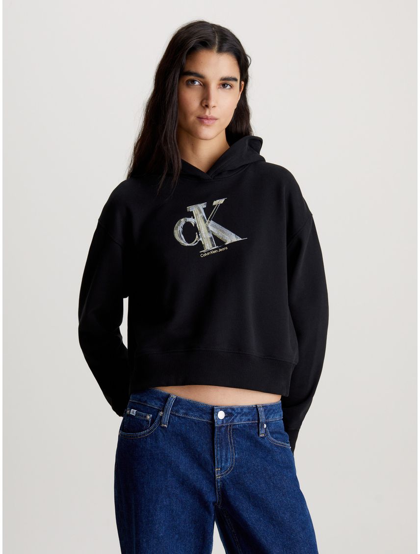 Buzo Negro Con Gorro Y Monograma Para Mujer