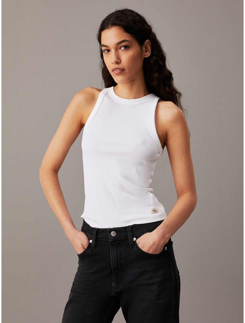 Camiseta blanca de tirantes de canalé de algodón