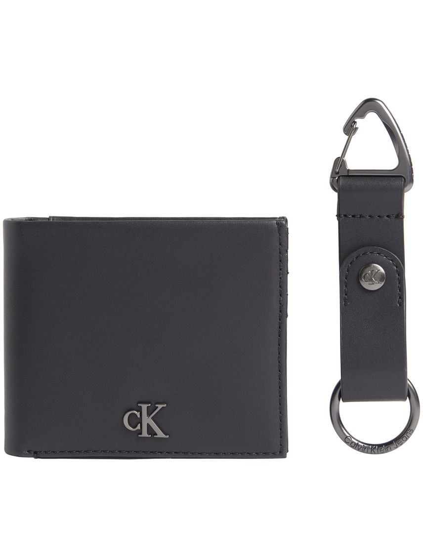 Billetera negra plegable con detalle de logo y llavero