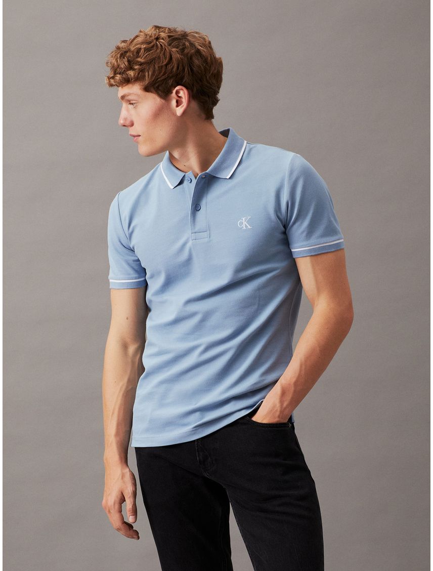 Polo Azul Slim Con Ribete En Contraste