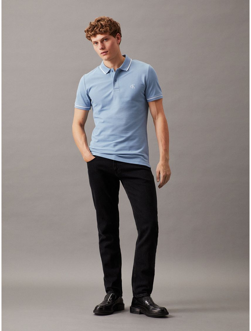 Polo Azul Slim Con Ribete En Contraste