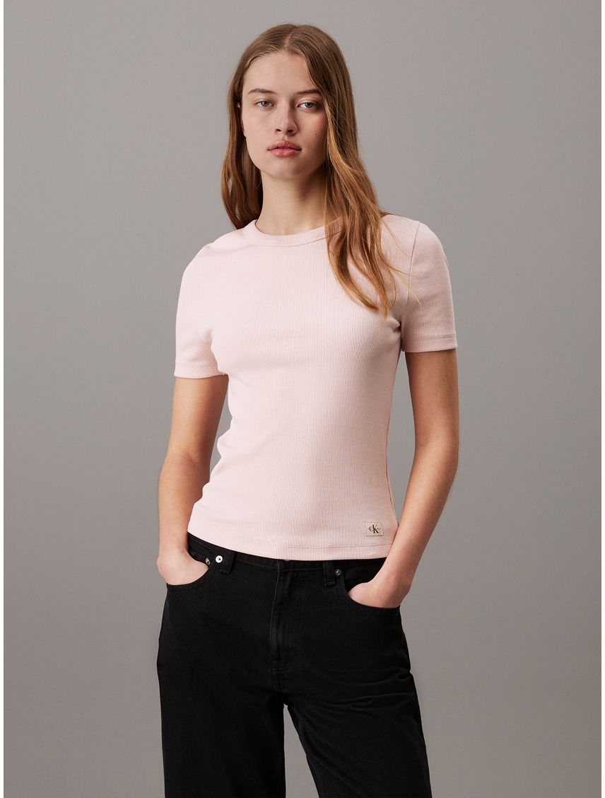 Camiseta rosada slim canalé de algodón