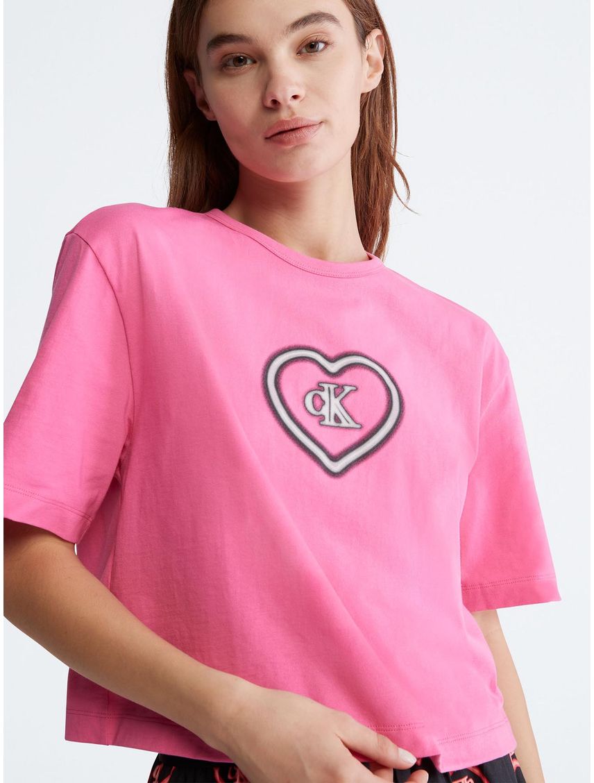 Camiseta De Pijama Rosada Con Corazón Para Mujer
