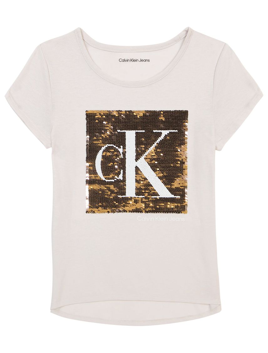 Camiseta marrón con logotipo e lentejuelas para niña