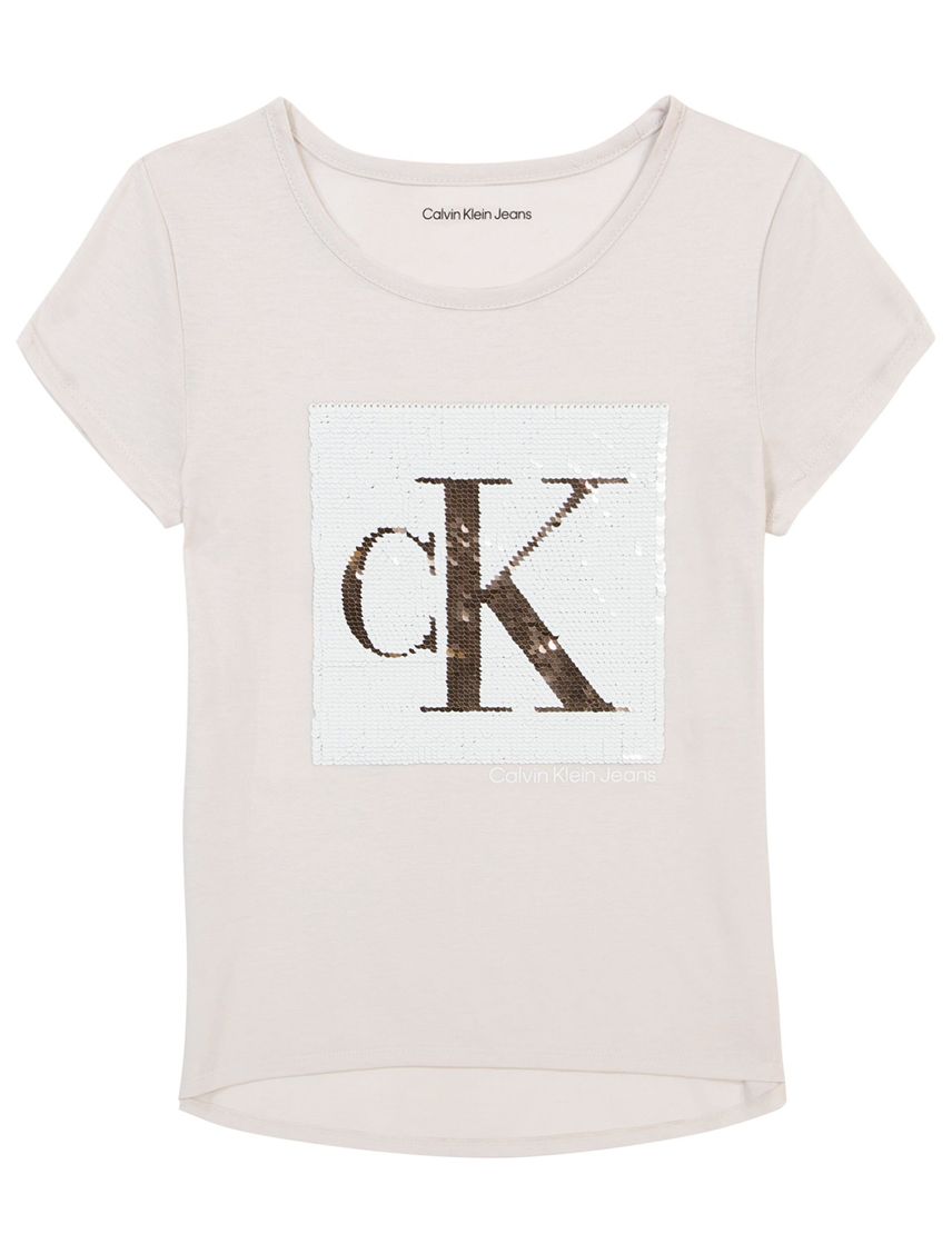 Camiseta marrón con logotipo e lentejuelas para niña