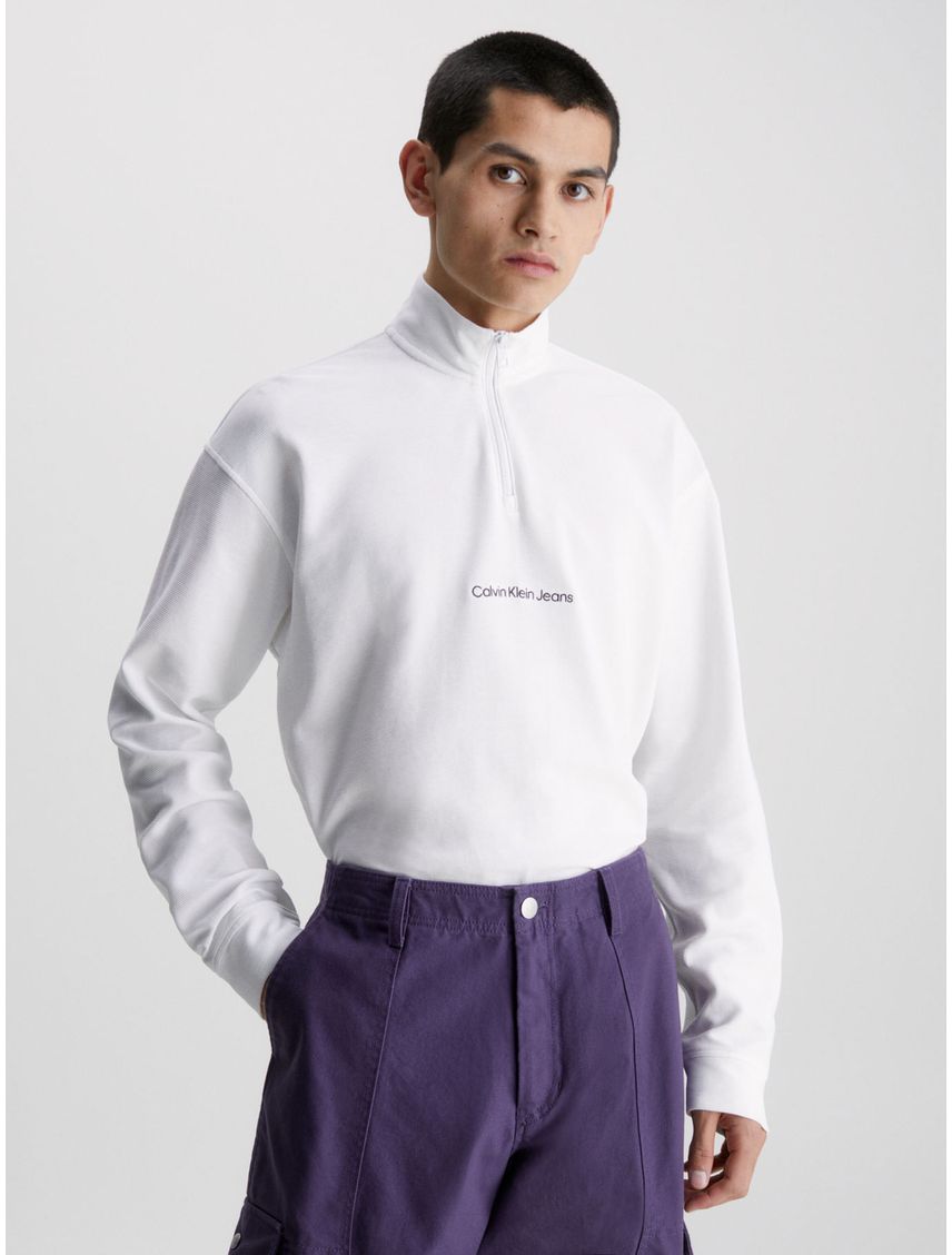Camiseta Blanco De Manga Larga Con Cuello Cierre