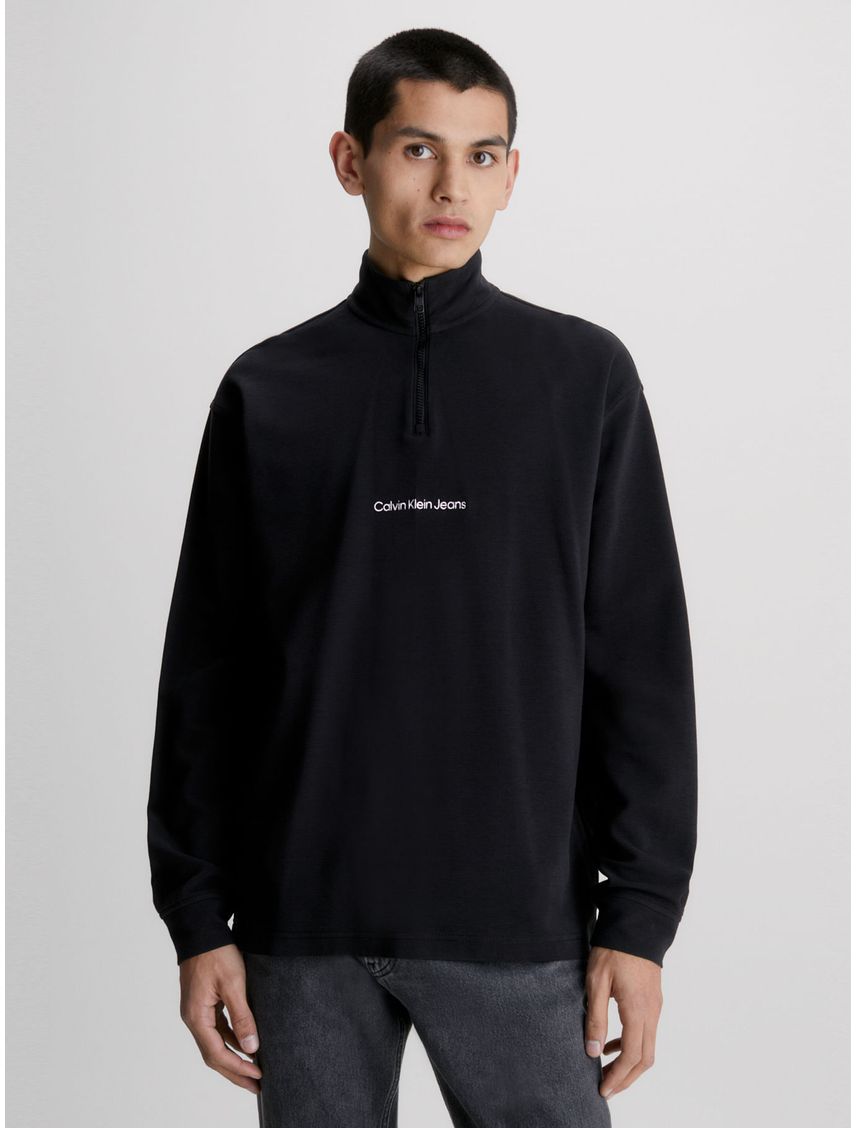 Camiseta Negra De Manga Larga Con Cuello Cierre Para Hombre