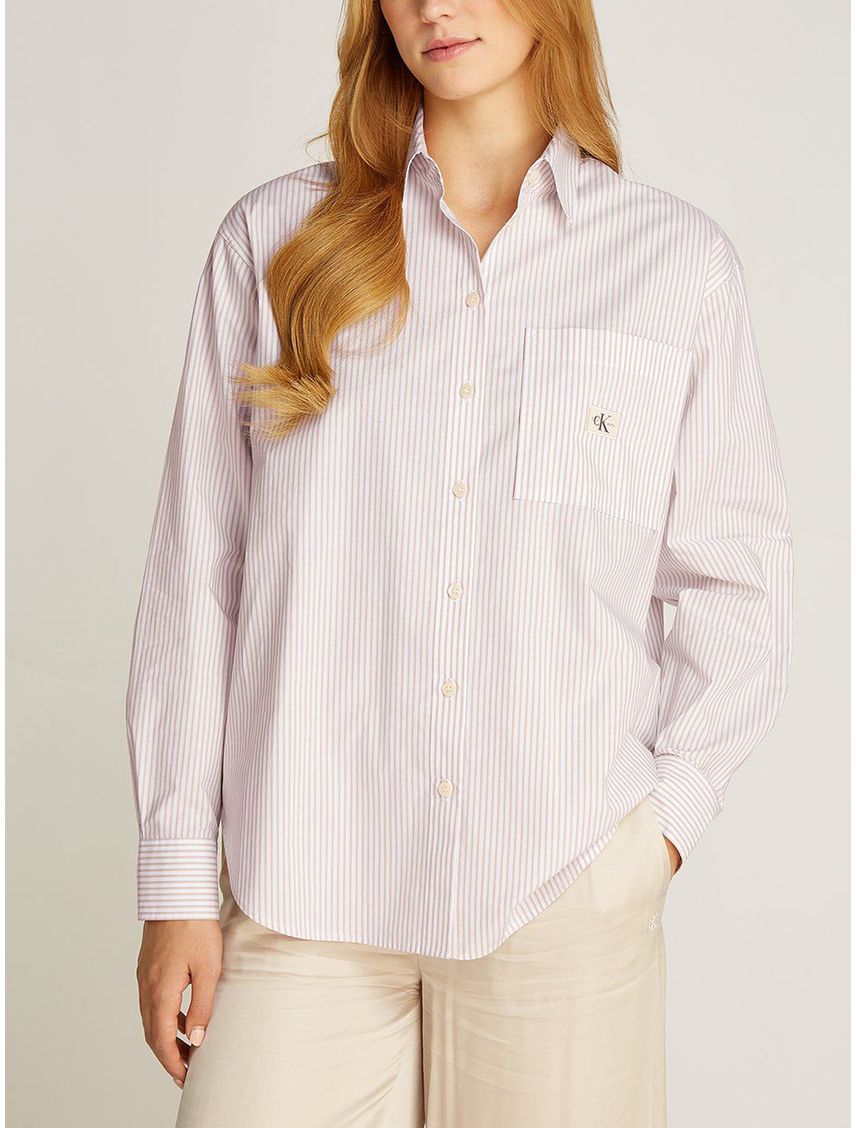 Camisa Rosa Holgada De Rayas De Popelín en Algodón