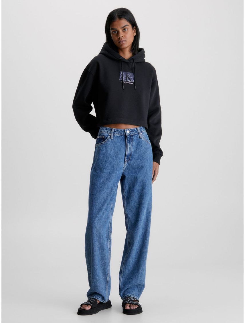 Buzo Negro Con Gorro Cropped Oversized Logo Para Mujer