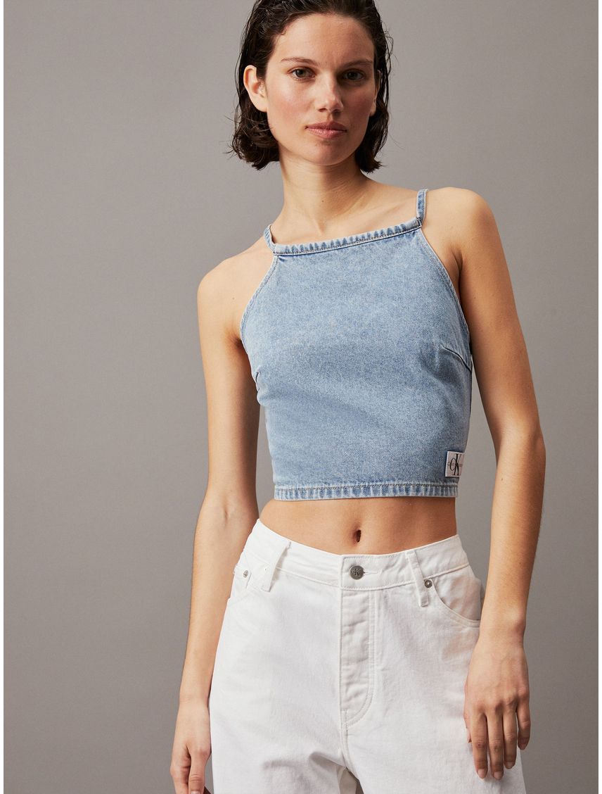 Top azul denim con cierre anudado en espalda