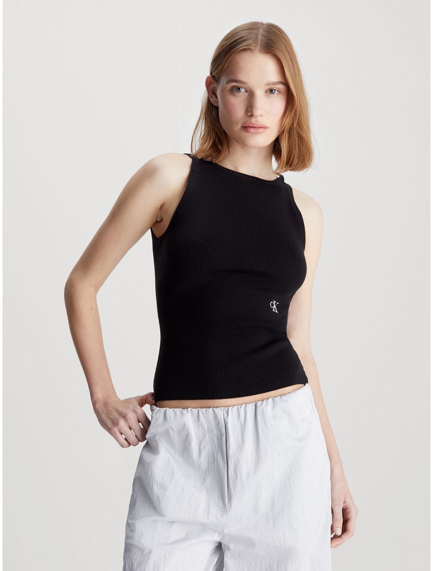 Camiseta Negra Tejido Slim De Canalé Con Espalda Anudada