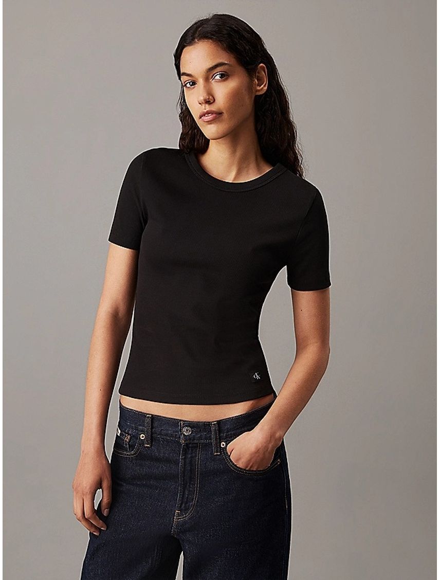 Camiseta negra slim canalé de algodón