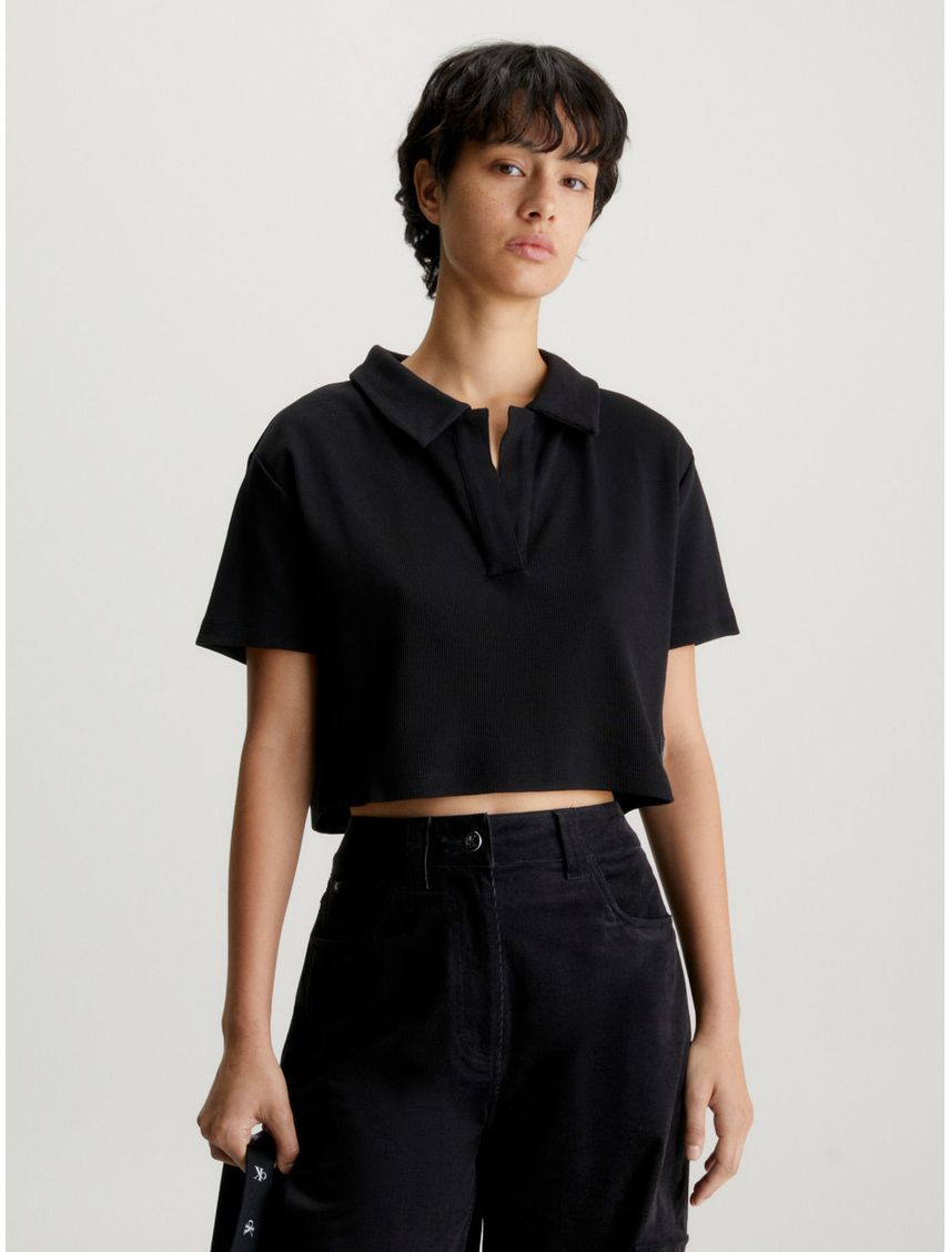 Camiseta Negro Cropped Tipo Polo